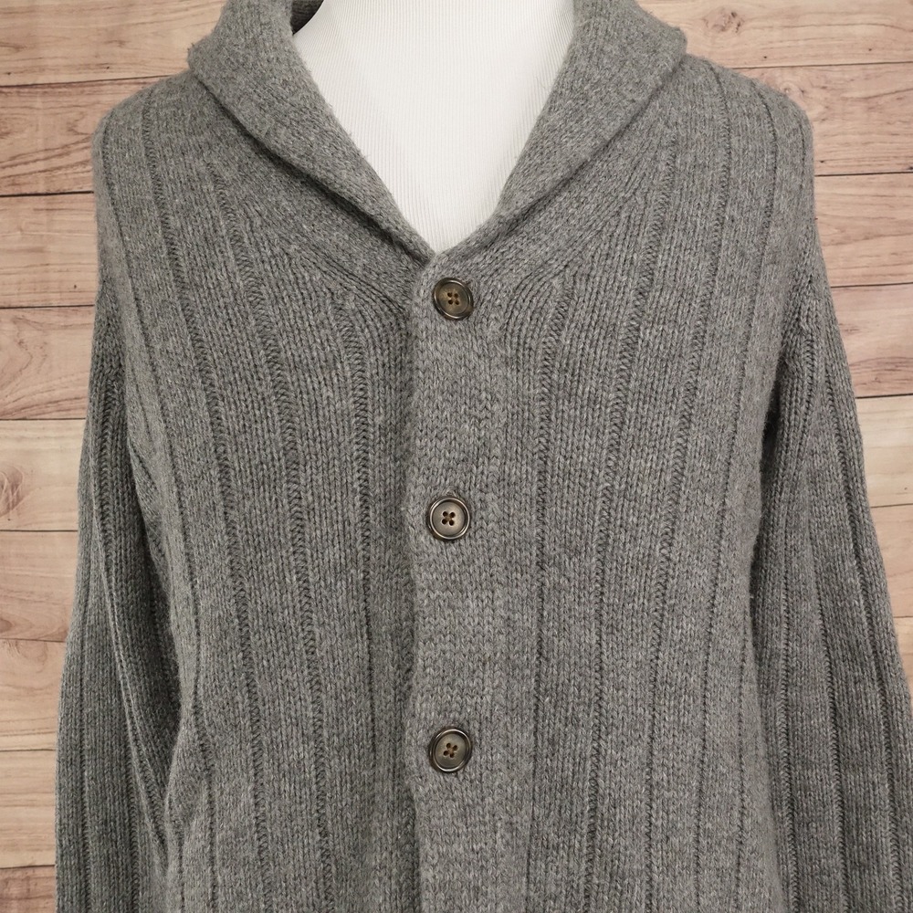 Nautica Sweater Mens M Gray Shawl Collar Cardigan Button Front Elbow Patches